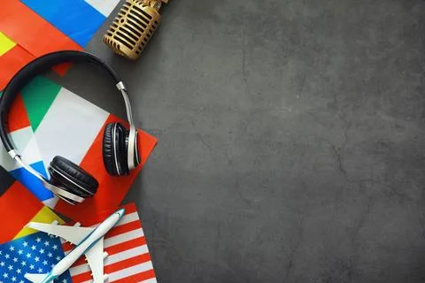 Learning foreign languages. Audio language courses. Background from countri.. Stock Photos