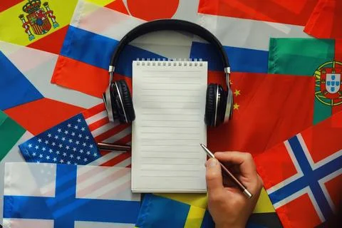 Learning foreign languages. Audio language courses. Background from countri.. Stock Photos