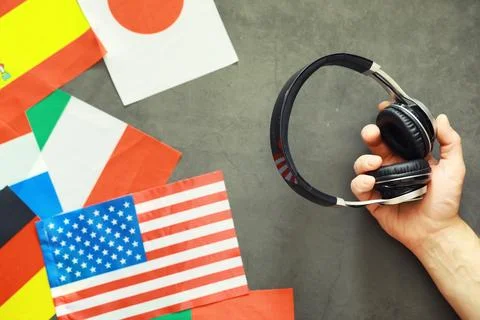 Learning foreign languages. Audio language courses. Background from countri.. Stock Photos