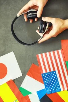 Learning foreign languages. Audio language courses. Background from countri.. Stock Photos