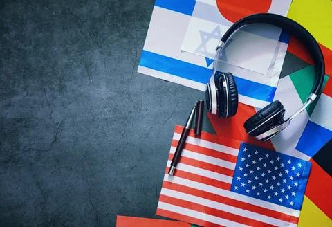 Learning foreign languages. Audio language courses. Background from countri.. Stock Photos