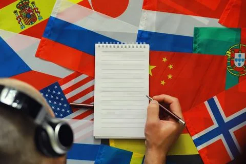 Learning foreign languages. Audio language courses. Background from countri.. Stock Photos