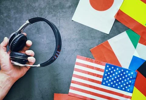Learning foreign languages. Audio language courses. Background from countri.. Stock Photos