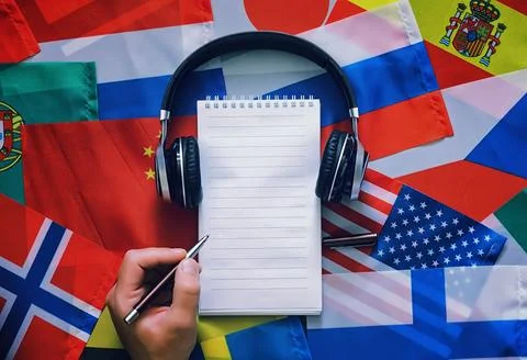 Learning foreign languages. Audio language courses. Background from countri.. Stock Photos