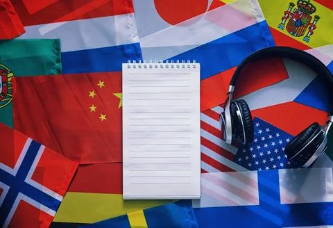 Learning foreign languages. Audio language courses. Background from countri.. Stock Photos