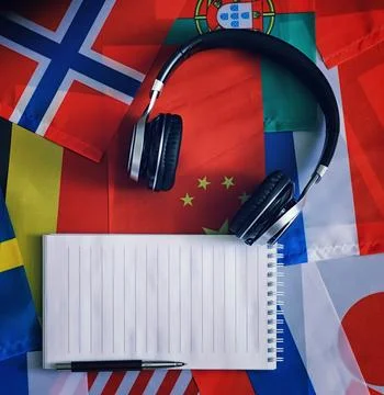 Learning foreign languages. Audio language courses. Background from countri.. Stock Photos