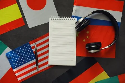 Learning foreign languages. Audio language courses. Background from countri.. Stock Photos
