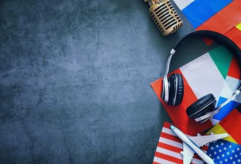 Learning foreign languages. Audio language courses. Background from countri.. Stock Photos