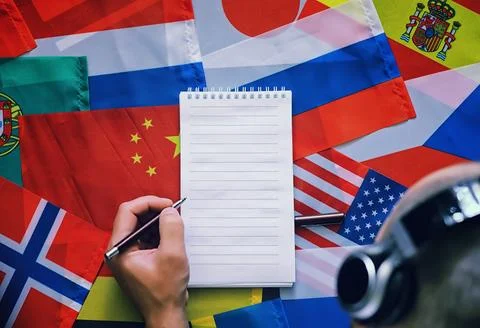 Learning foreign languages. Audio language courses. Background from countri.. Stock Photos