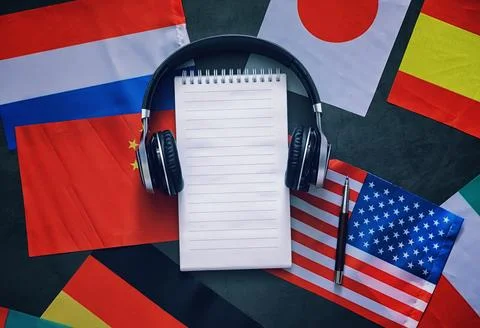 Learning foreign languages. Audio language courses. Background from countri.. Stock Photos