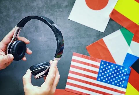 Learning foreign languages. Audio language courses. Background from countri.. Stock Photos
