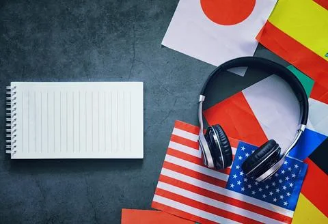 Learning foreign languages. Audio language courses. Background from countri.. Stock Photos