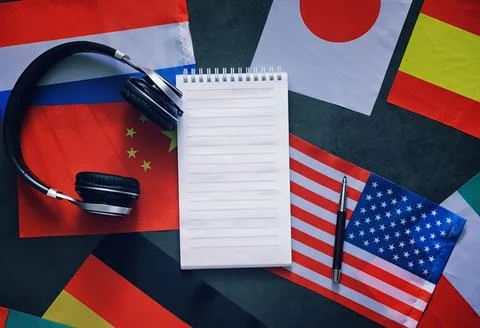 Learning foreign languages. Audio language courses. Background from countri.. Stock Photos