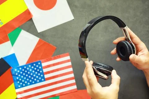 Learning foreign languages. Audio language courses. Background from countri.. Stock Photos