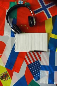 Learning foreign languages. Audio language courses. Background from countri.. Stock Photos