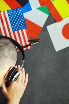 Learning foreign languages. Audio language courses. Background from countri.. Stock Photos