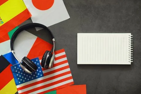 Learning foreign languages. Audio language courses. Background from countries Stock Photos