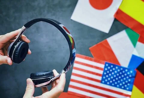Learning foreign languages. Audio language courses. Background from countri.. Stock Photos