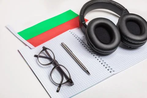 Learning foreign languages in Bulgaria with audio recordings and headphones Stock Photos