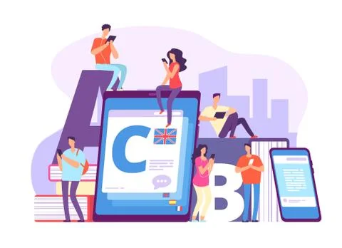 Learning foreign languages concept. People and english, french dictionary Stock Illustration