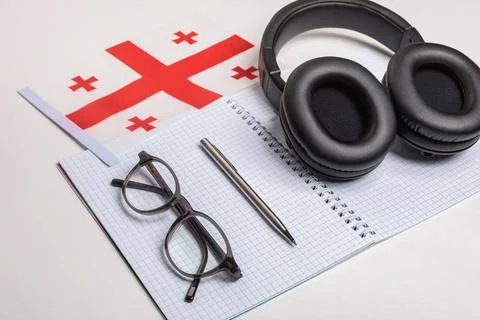 Learning foreign languages in Georgia using audio recordings and headphones Stock Photos