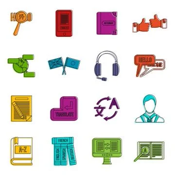 Learning foreign languages icons doodle set 스톡 일러스트