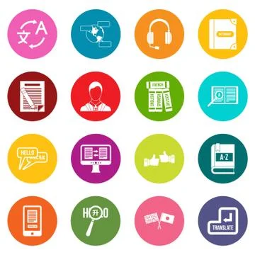 Learning foreign languages icons many colors set 스톡 일러스트