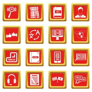 Learning foreign languages icons set red Stock Illustration