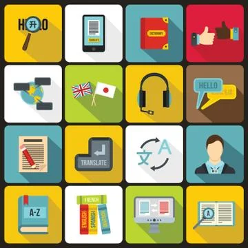 Learning foreign languages icons set, flat style 스톡 일러스트