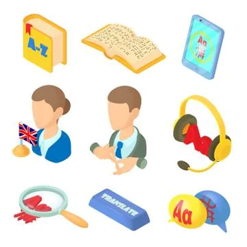 Learning foreign languages icons set cartoon style Stock Illustration