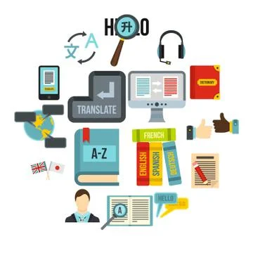 Learning foreign languages icons set, flat style Stock Illustration