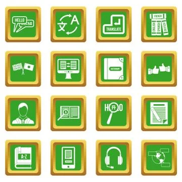 Learning foreign languages icons set green 스톡 일러스트