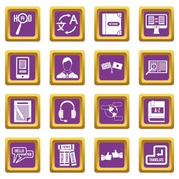 Learning foreign languages icons set purple 스톡 일러스트