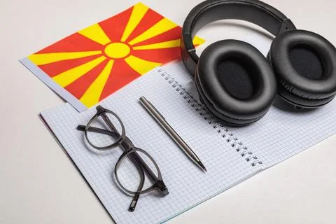 Learning foreign languages in Macedonia with audio recordings and headphones. Stock Photos