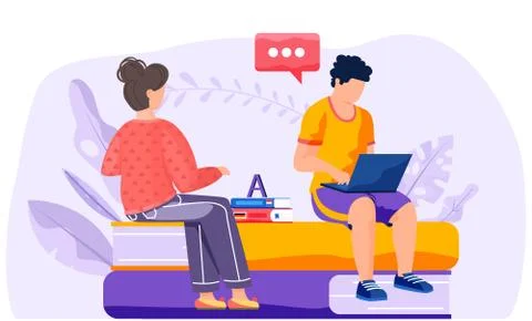 Learning foreign languages. Man and woman students sitting on the stack of books Stock Illustration