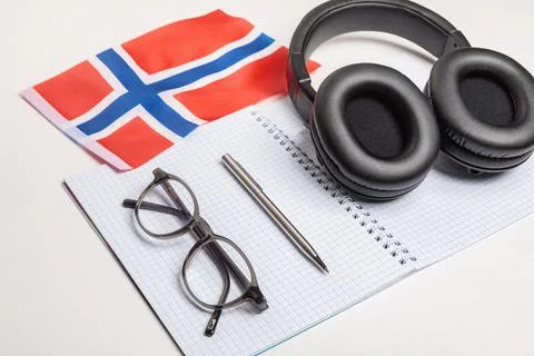 Learning foreign languages in Norway with audio recordings and headphones Stock Photos