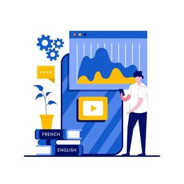Learning foreign languages online concept with character. E-learning and ed.. Stock-Illustration