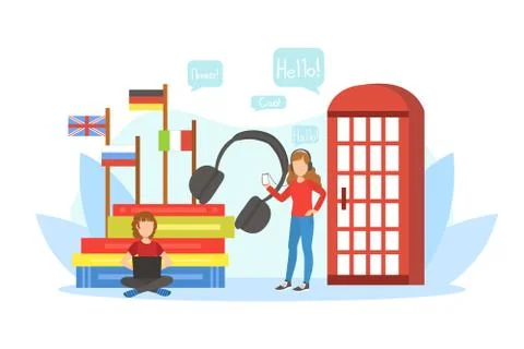 Learning Foreign Languages, Online Education, Language School or Courses Vector Stock Illustration