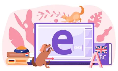 Learning foreign languages, online education concept. Animals and english Stock Illustration