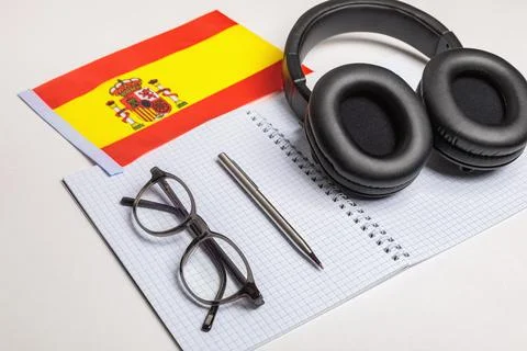 Learning foreign languages in Spain with audio recordings and headphones Stock Photos