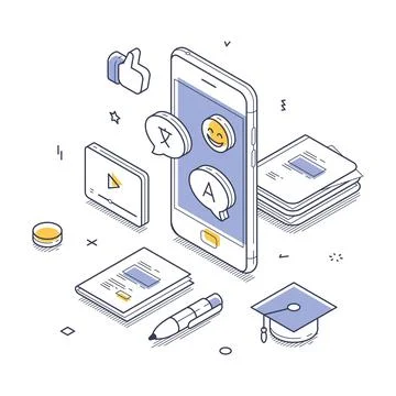 Learning foreign languages teaching mobile app concept isometric line vector  Stock Illustration