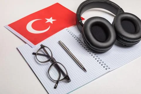 Learning foreign languages in Turkey with audio recordings and headphones Stock Photos