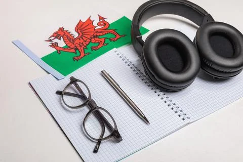 Learning foreign languages in Wales with audio recordings and headphones. Stock Photos