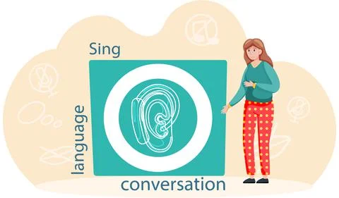 Learning foreign sign languages online. Webinar, language teaching group Stock Illustration