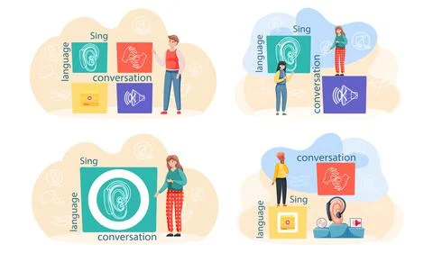 Learning foreign sign languages online. Webinar, language teaching group Stock Illustration