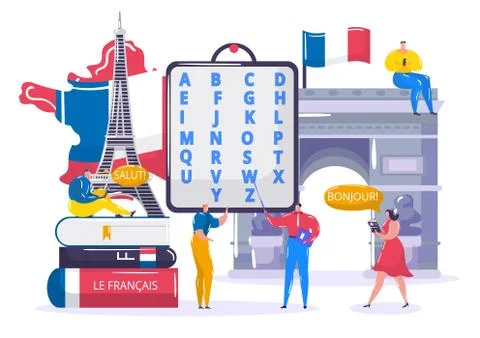 Learning French language vector illustration, cartoon flat tiny student people Stock Illustration