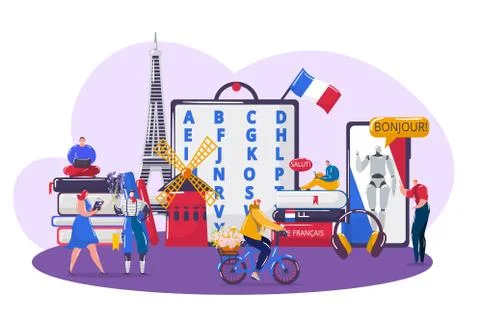 Learning French language vector illustration, cartoon flat tiny student people Stock-Illustration