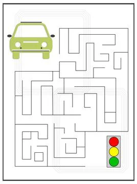 Learning game for kids. Labyrinth between car and traffic light, illustration Illustrazione stock