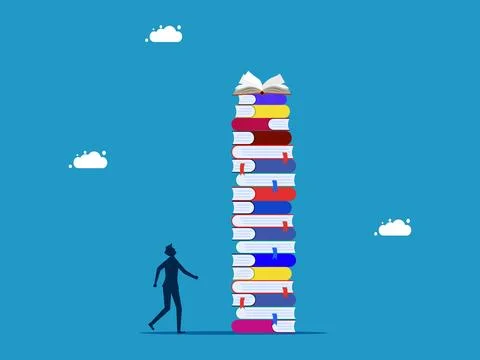 Learning goals. man standing looking at target on high pile of books Stock Illustration