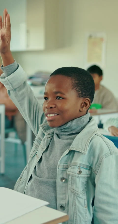Learning, hand raised and lesson with boy in classroom for education, knowledge Stock Footage 321942583